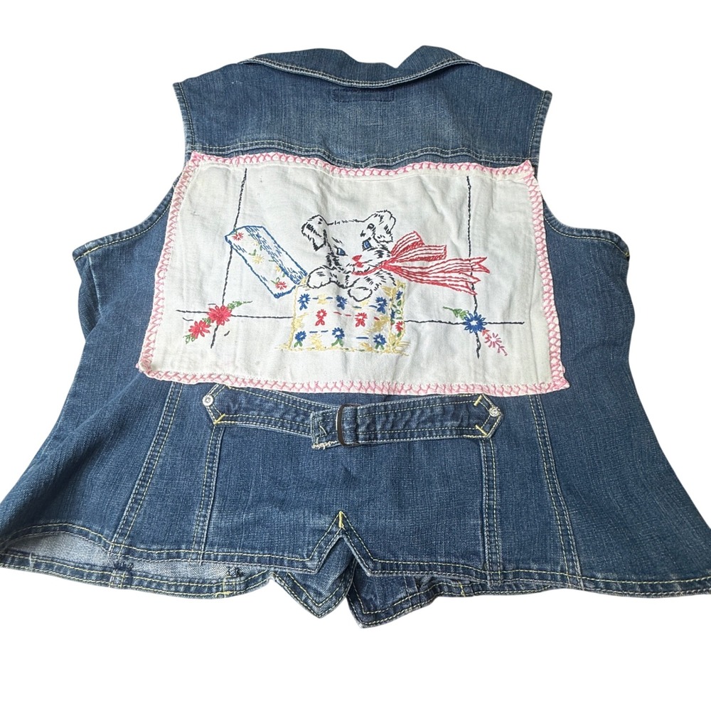 Baccini Denim Vest XL Blue Embroidered Puppy Dog Patch Shawl Collar Cottagecore